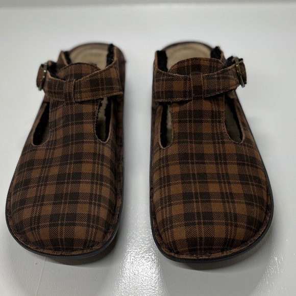 Women’s Alegría Brown Plaid Fur Sherpa Lined Leather Mules size 42 US 11 men 9 - Picture 3 of 10